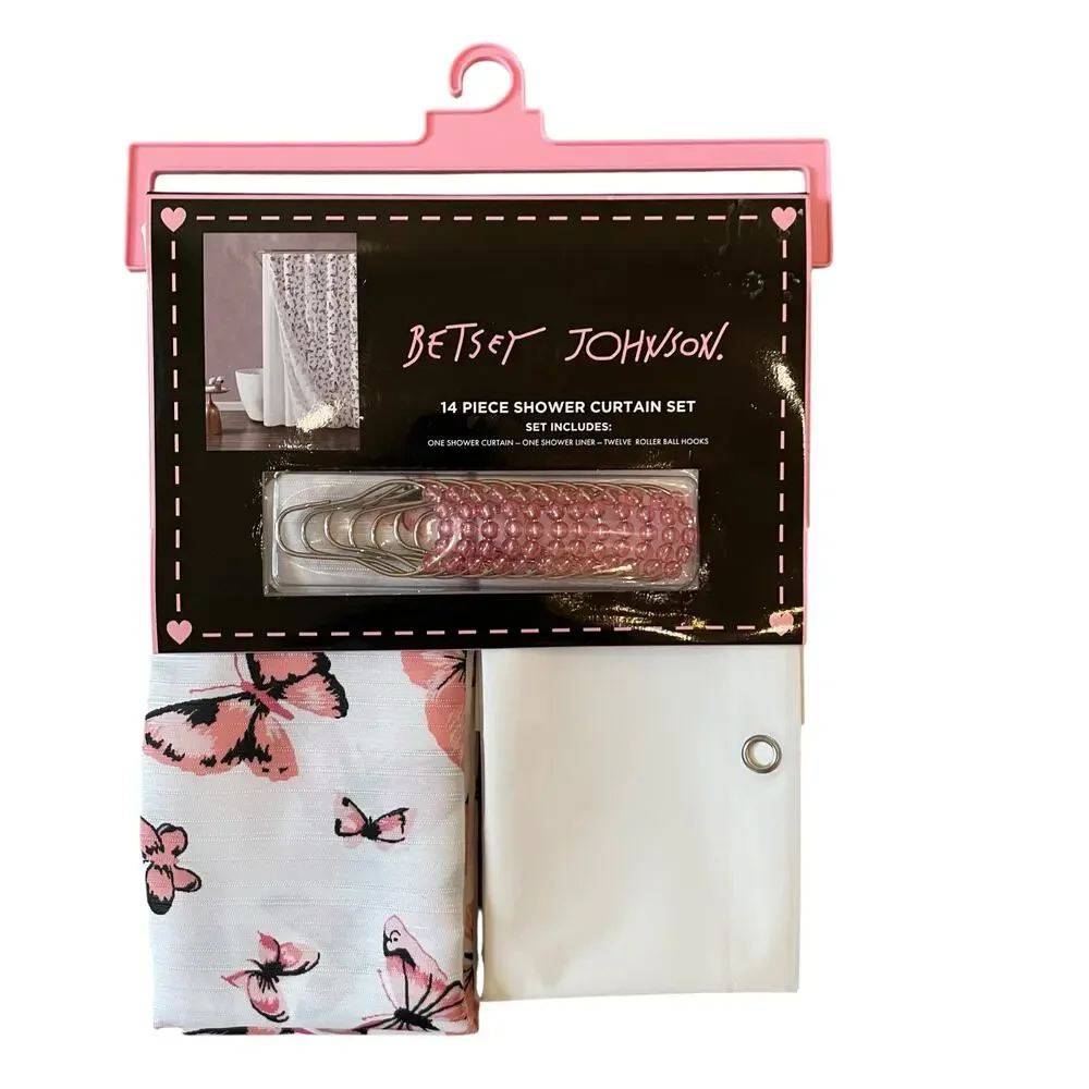 14pc Betsey Johnson Pink Butterfly Shower Curtain Hooks Liner Set 72x72 NEW